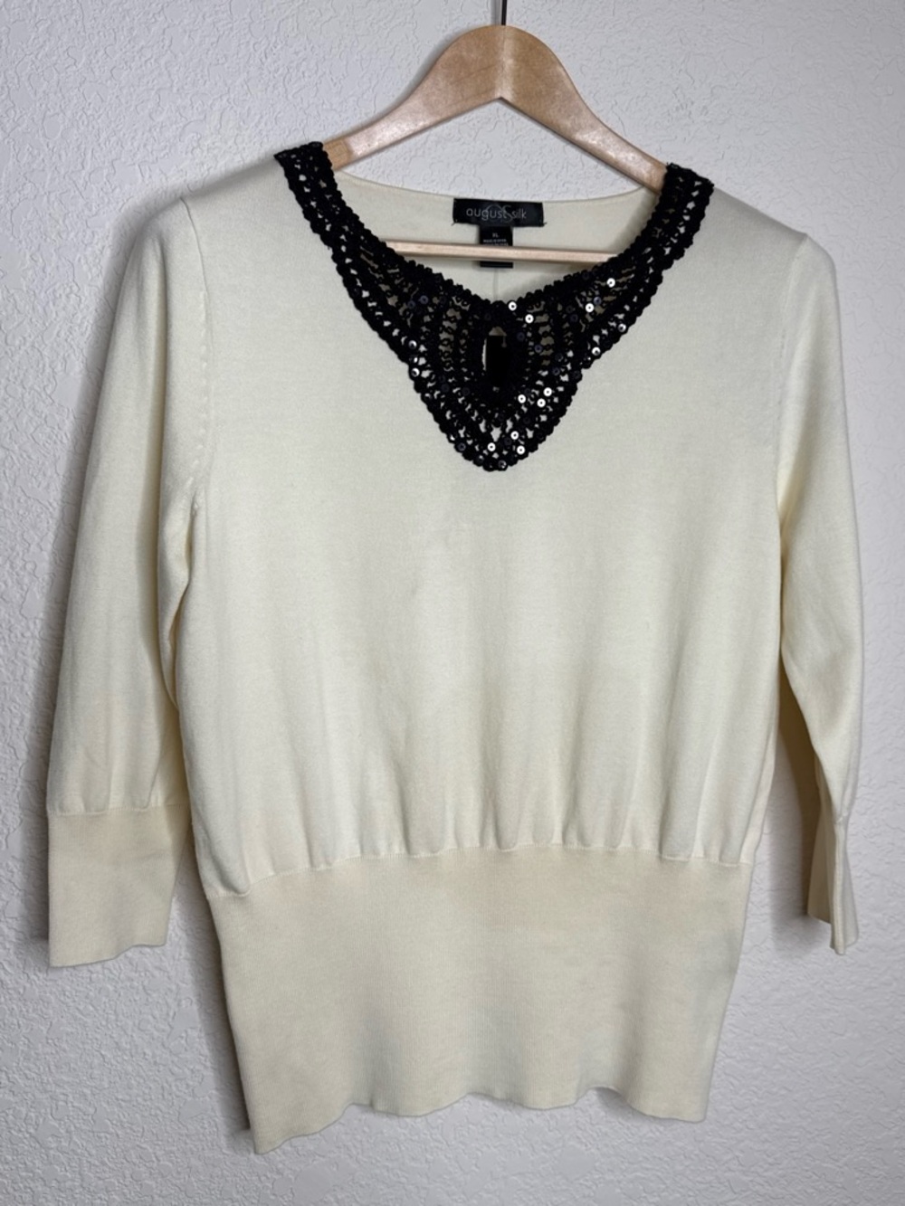 August Silk NWT Ivory Sequin Lace Bib Sweater XL Crochet Party Top